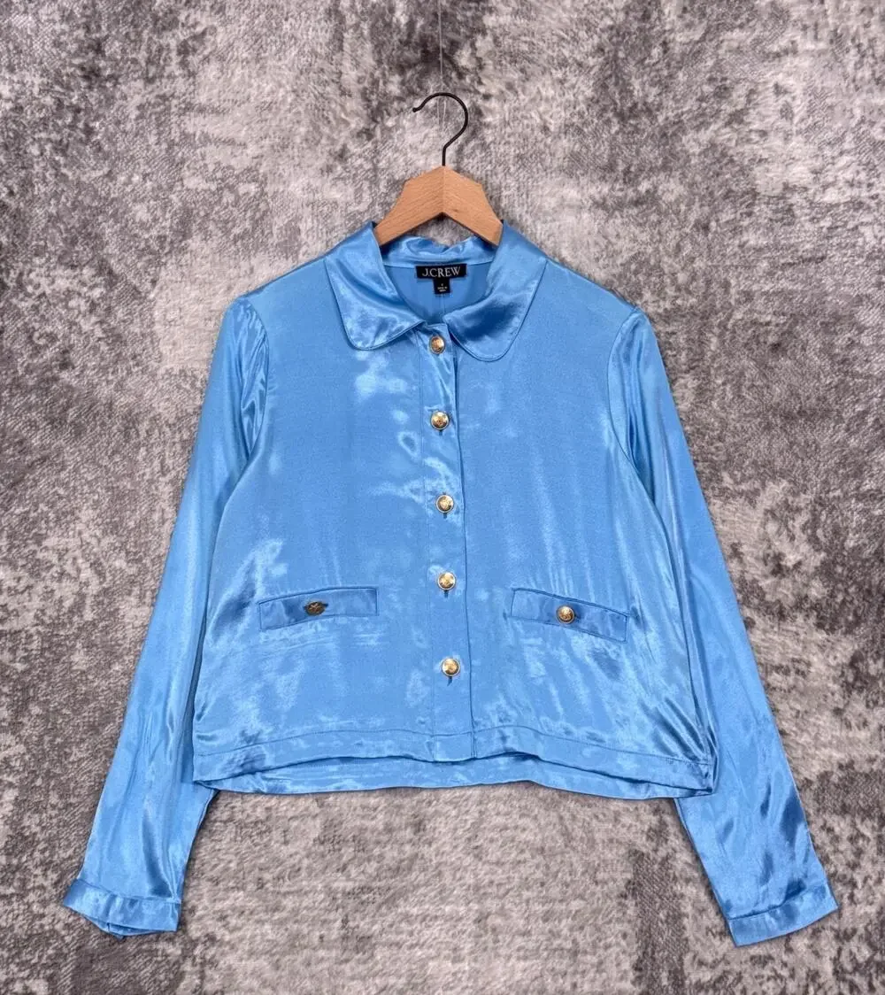 New J Crew Top Small Womens Lady Shirt Jacket In Blue Luster Crepe